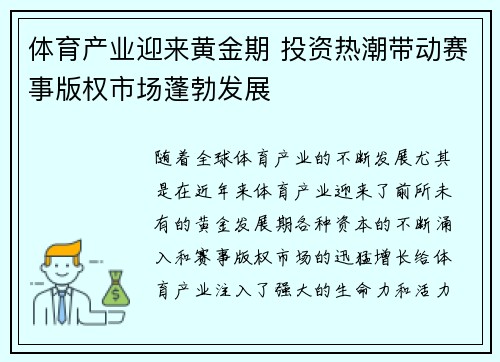 体育产业迎来黄金期 投资热潮带动赛事版权市场蓬勃发展