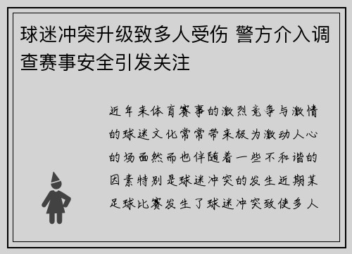 球迷冲突升级致多人受伤 警方介入调查赛事安全引发关注