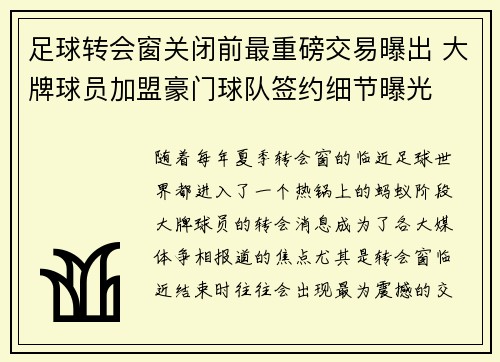 足球转会窗关闭前最重磅交易曝出 大牌球员加盟豪门球队签约细节曝光