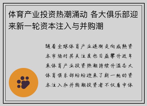 体育产业投资热潮涌动 各大俱乐部迎来新一轮资本注入与并购潮